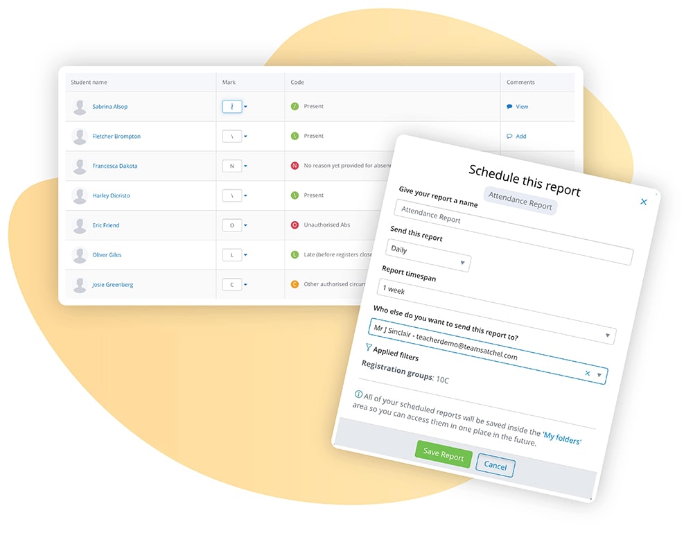 Attendance software Image of Satchel One's Attendance app showcasing the Attendance Report and SIMS sync