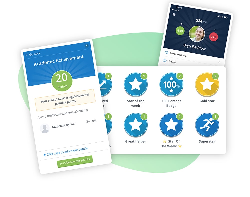 Behaviour points and Custom Badges Image of Satchel One's Behaviour software's positive Behaviour points and badge features
