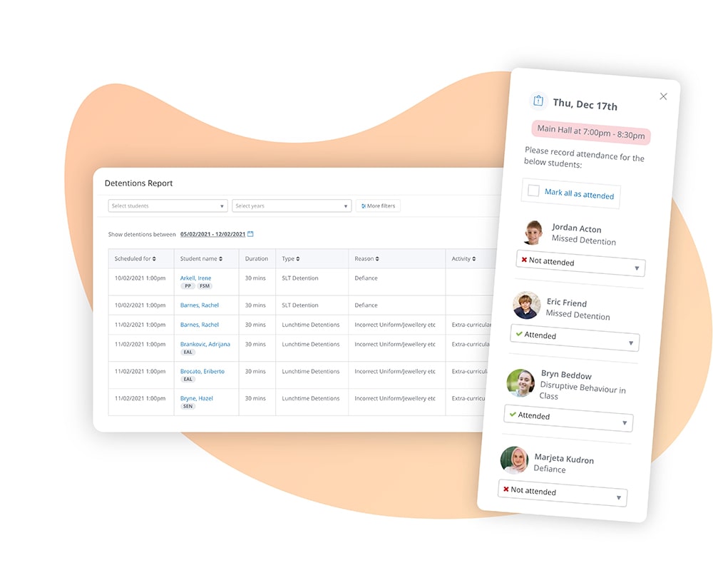 Image of Satchel One's Detentions app and how teachers can take students' attendance