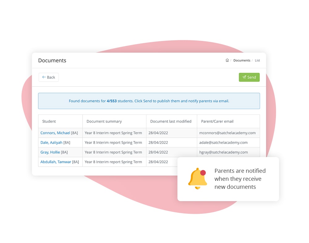 Parent notifcations on Documents Parents are notified when a Document is shared with them