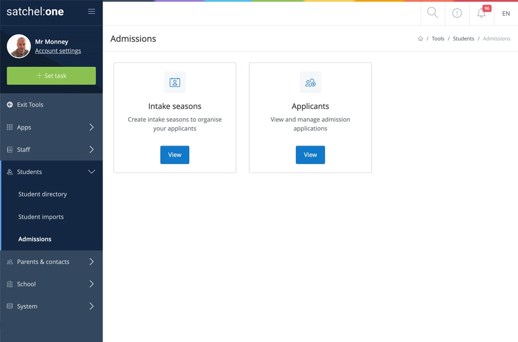 Satchel One's MIS Admissions feature screen