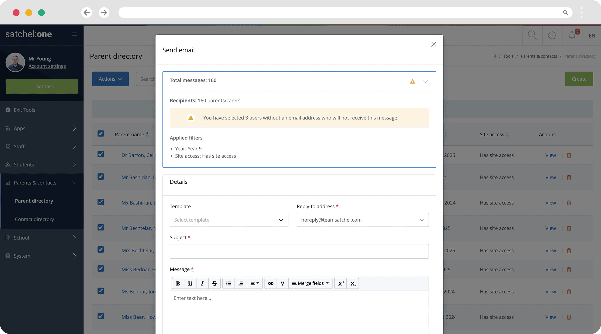Satchel One's MIS Messaging feature screen