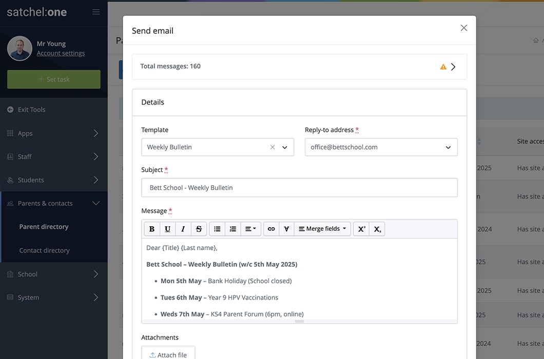 Satchel One's MIS Messaging feature screen