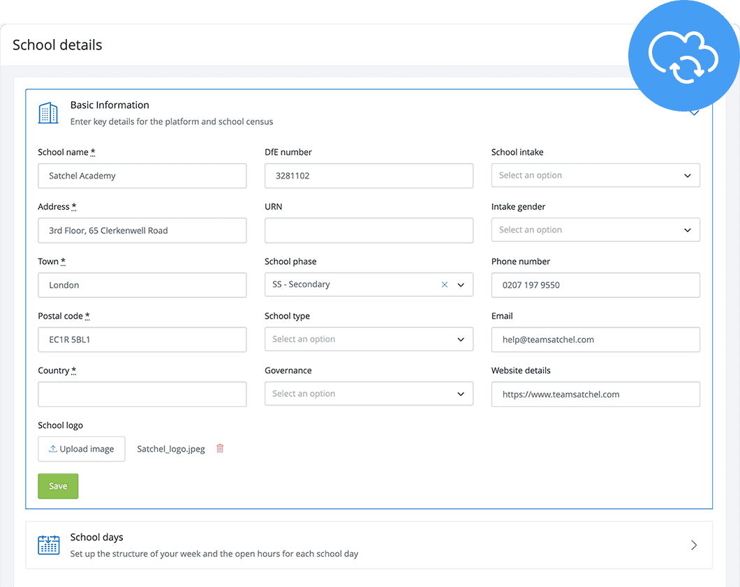 Satchel One's MIS School details feature screen