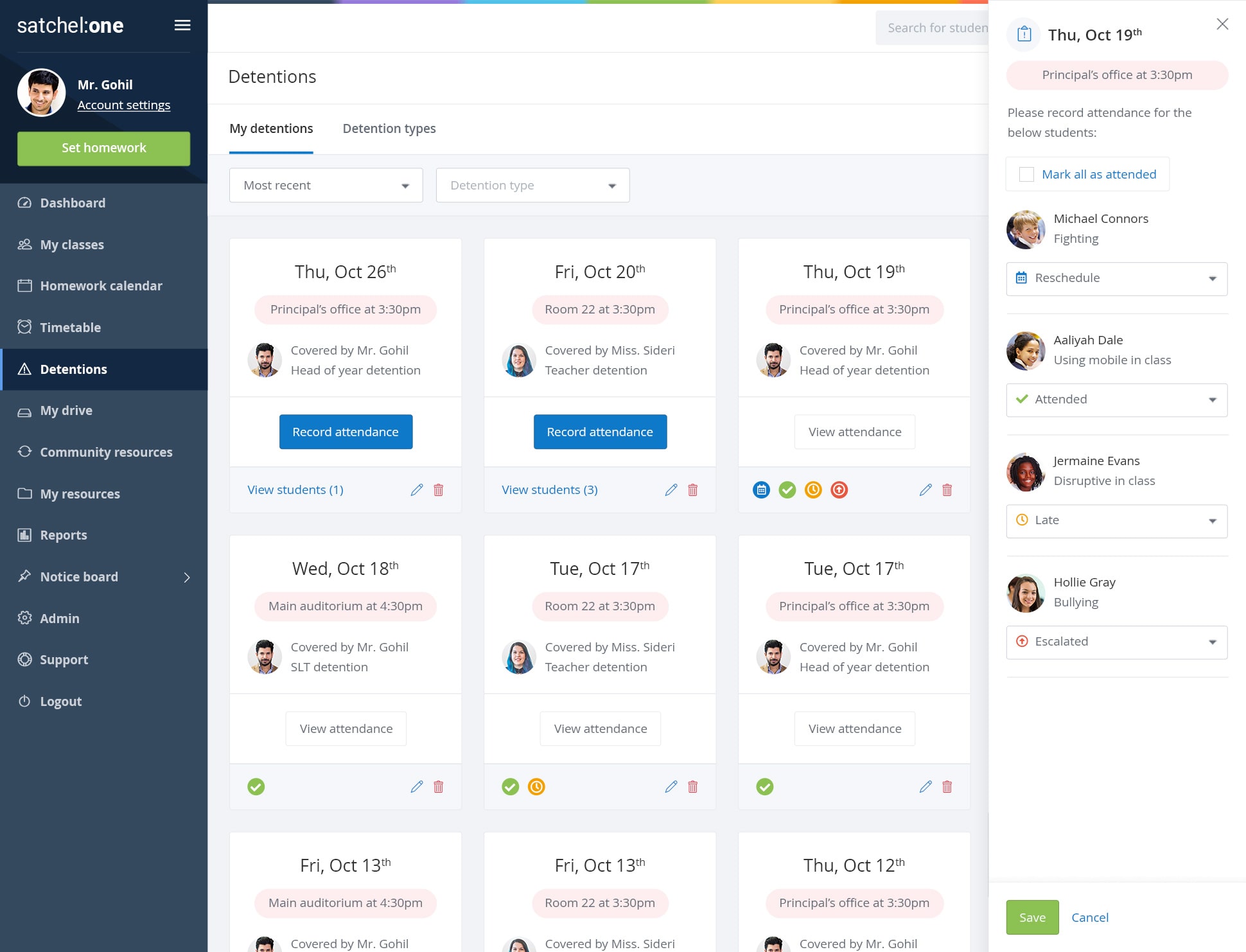 Detentions software showing the ability to give detentions to students, from Satchel One.