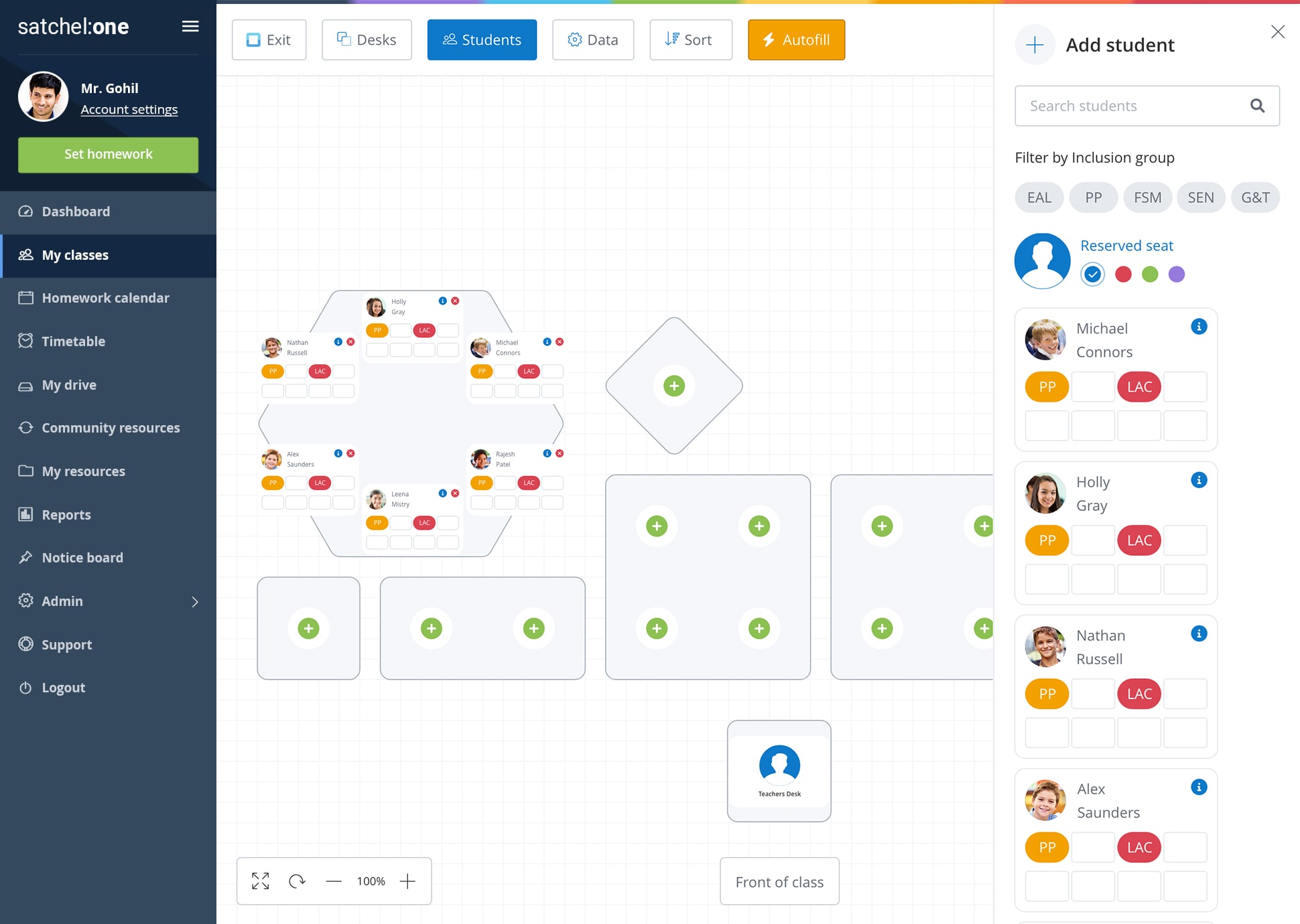 Seating software showing seating plans, inclusion and assessment data from Satchel One.